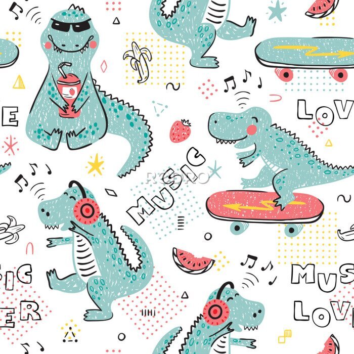 Fototapete Music Lover Dinosaur Seamless pattern for kids fashion. Childish Background with Cute Dinosaurs. Cartoon Animal vector illustration