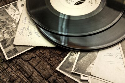 Fototapete Musik Vinylschallplatte und Fotos