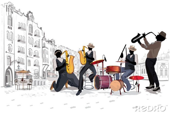 Fototapete Musikbands Jazz gespielt auf der Straße Grafik