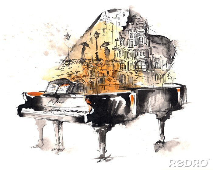 Fototapete Musikinstrumente Klavier mit Aquarellfarben gemalt