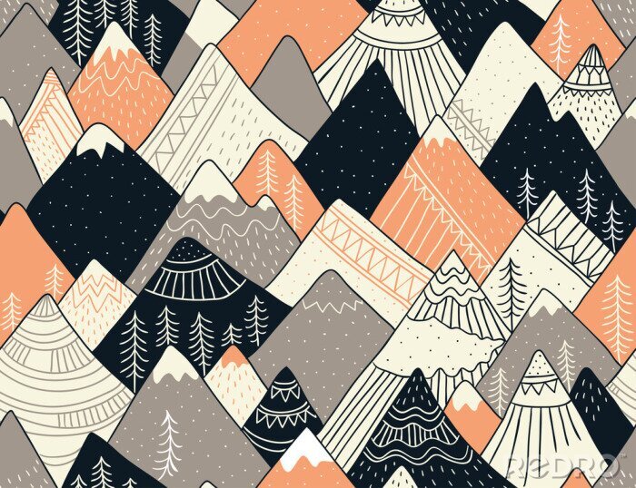 Fototapete Muster mit Bergen im skandinavischen Stil