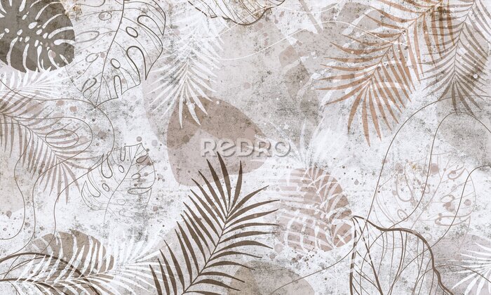 Fototapete Muster mit Blättern auf einer Betonwand