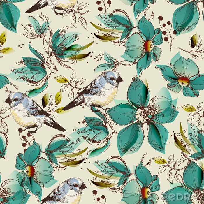 Fototapete Muster mit gemalten Vögeln und türkisfarbenen Blumen