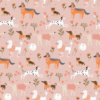 Fototapete Muster mit Hündchen auf rosa Hintergrund