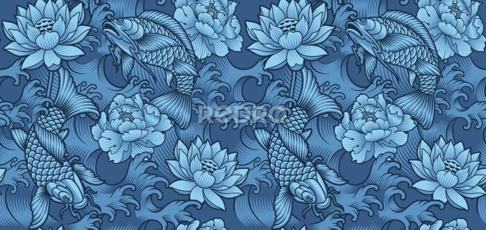 Fototapete Muster mit japanischen Koi Fischen inmitten von blauen Blumen