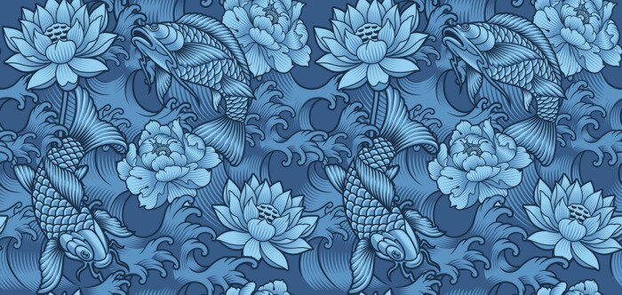 Fototapete Muster mit japanischen Koi Fischen inmitten von blauen Blumen