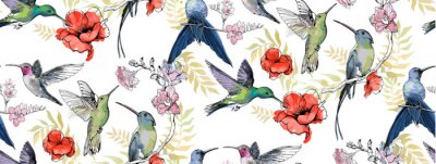 Muster mit Kolibris inmitten von romantischen Blumen
