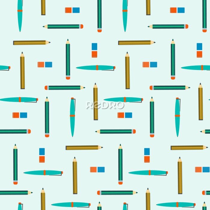 Fototapete Muster mit Kugelschreibern und Bleistiften auf grünem Hintergrund