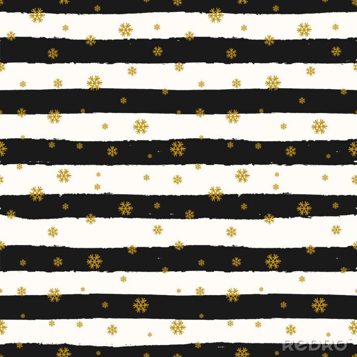 Fototapete Muster mit schwarz-weißen Streifen und Schneeflocken