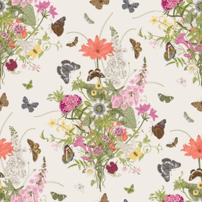Muster mit viktorianischem Blumenstrauß und Schmetterlingen