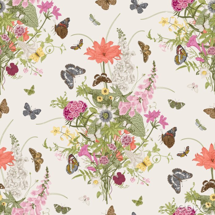 Fototapete Muster mit viktorianischem Blumenstrauß und Schmetterlingen