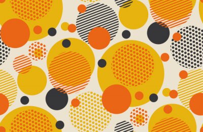 Fototapete Muster-Vektorillustration des geometrischen Kreises nahtlose in der Retro- Art 60s. Ball der Weinlese 1970s formt abstraktes Motiv in den heißen orange und gelben Farben für Teppich, Packpapier, Geweb