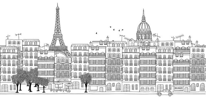 Fototapete Nahtlose Banner der Skyline von Paris, von Hand gezeichnet Schwarz-Weiß-Illustration