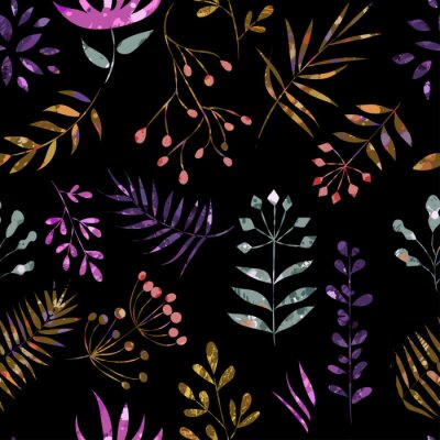 nahtlose bunte Muster von Blättern auf schwarzem Hintergrund