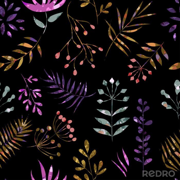 Fototapete nahtlose bunte Muster von Blättern auf schwarzem Hintergrund