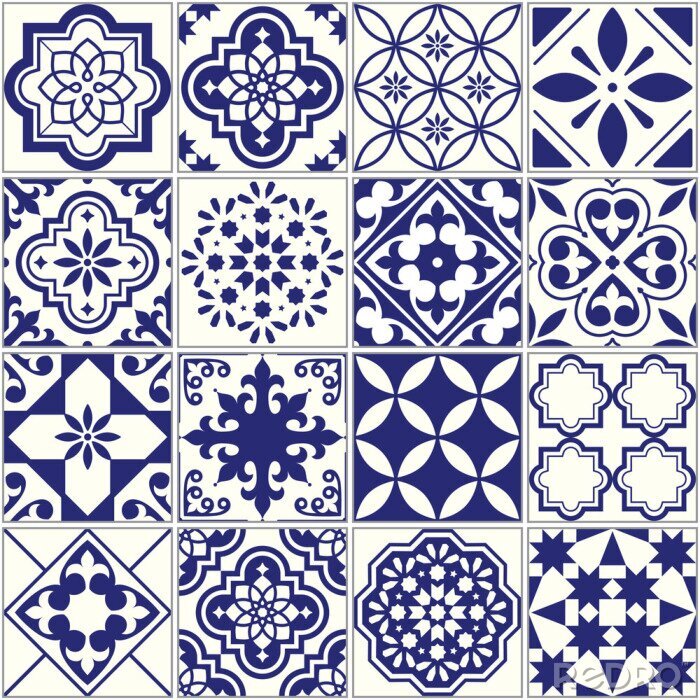 Fototapete Nahtlose Fliesen Muster, mediterrane floralen Mosaik-Set, Lissabon nahtlose navy blau Ornament