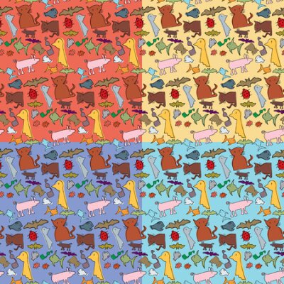 Fototapete Nahtlose Hintergrund oder Wallpaper Design-Muster mit Schlangen, Fledermäuse, Katzen, Vögel, Fische, Lady Käfer und Schweine.