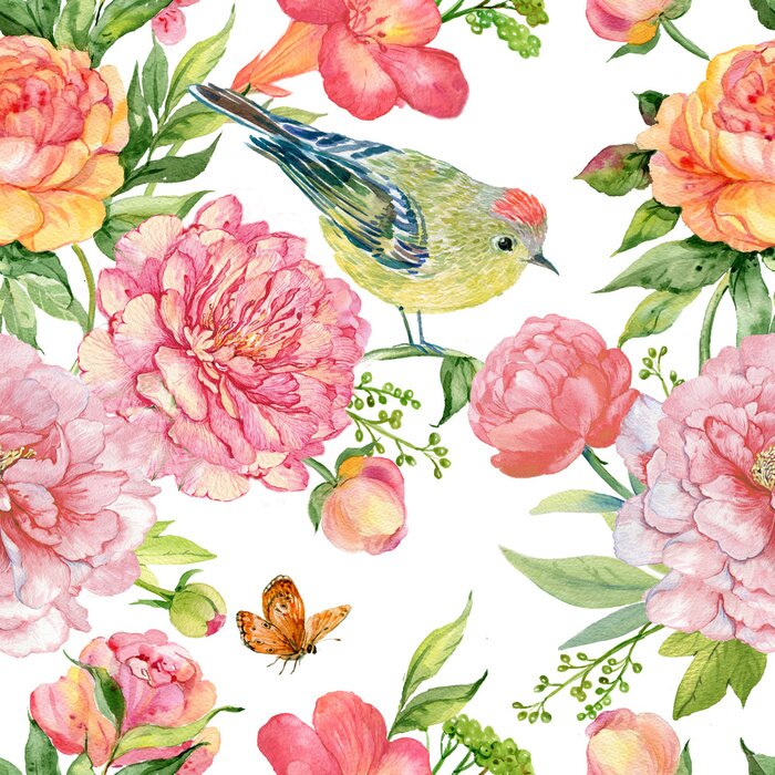 Fototapete Nahtlose Muster Illustration in watercolor.the Ornament für die Dekoration der Stoffe, Textilien Hintergrund. Blumenhintergrund der Pfingstrosen, der Rosen, der Schmetterlinge und der kleinen Vögel