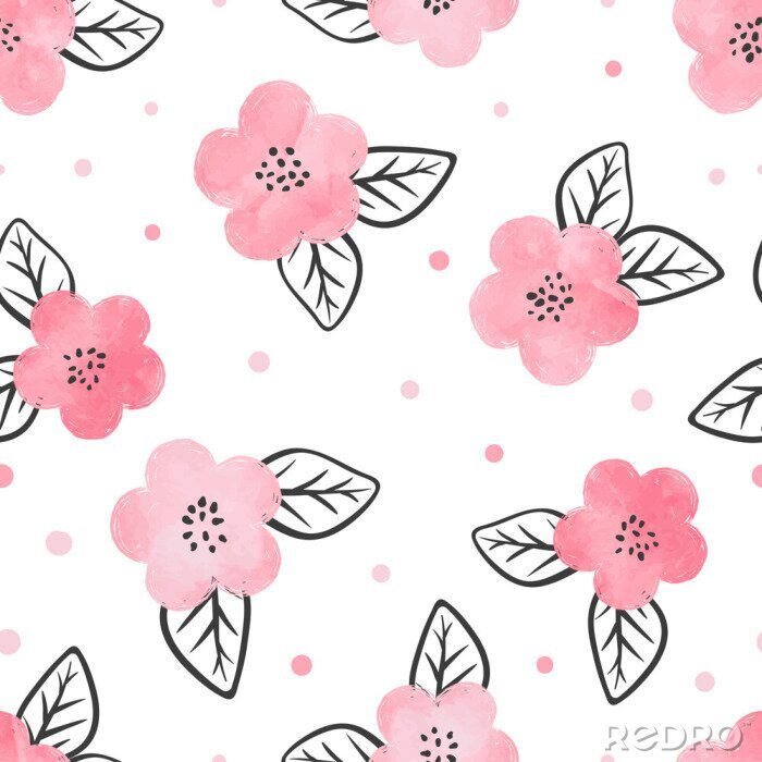 Fototapete Nahtlose Muster mit Aquarell rosa Blüten und schwarzen Blättern.