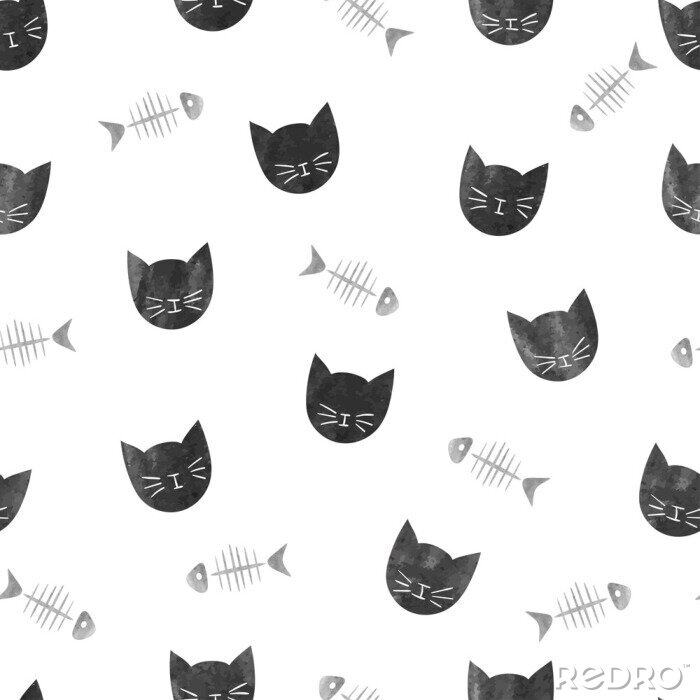 Fototapete Nahtlose Muster mit Aquarell schwarze Katzen und Fischgräten. Vector Hintergrund.