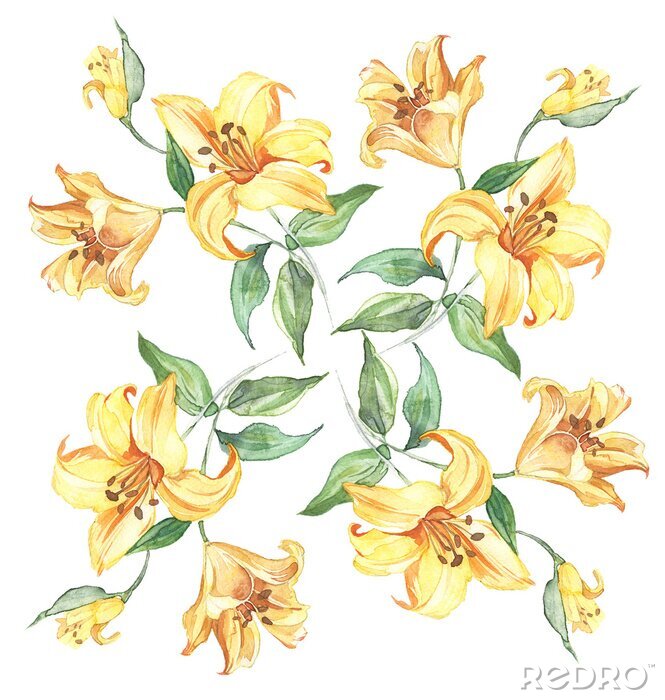 Fototapete Nahtlose Muster mit Blumen Lilie Aquarell