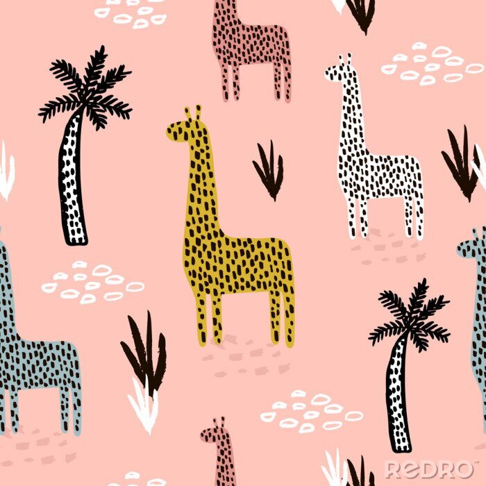 Fototapete Nahtlose Muster mit Giraffe, Palme, Hand gezeichnet Formen und Texturen. Afrikanische Textur für Stoff, Textil. Vektor Hintergrund