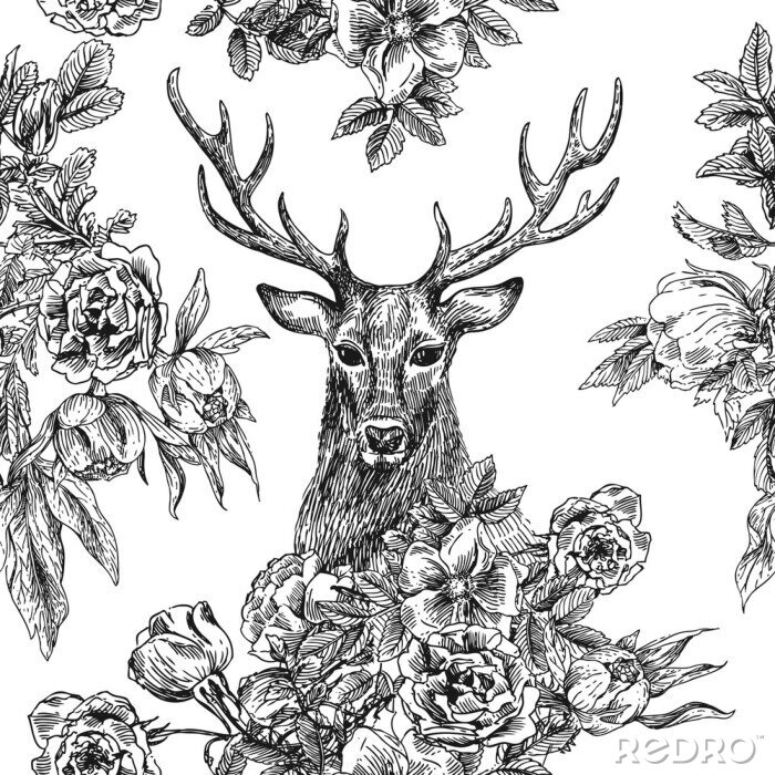Fototapete Nahtlose Muster mit Hirsch und Blumen