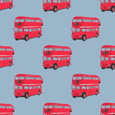Nahtlose Muster mit London roten Bus. Doppeldecker roten Bus Vektor-Illustration. Öffentliche Verkehrsmittel. Retro-Bus auf blauem Hintergrund