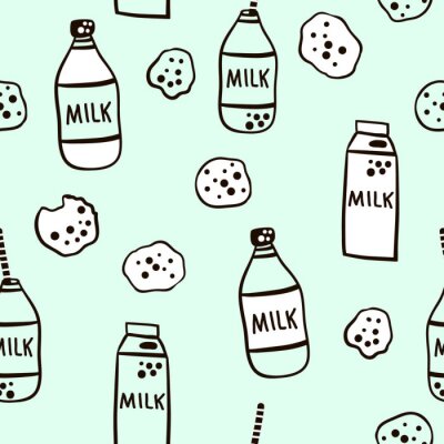 Nahtlose Muster mit niedlichen Milchflasche Charakter und Cookies in Schwarz-Weiß-Stil. Kreative Vektor kindliche Minze Hintergrund für Stoff, Textil