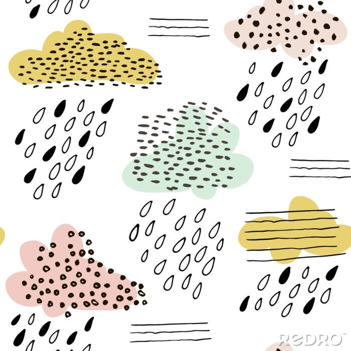 Fototapete Nahtlose Muster mit Wolken und Hand gezeichnet Formen. Kreative Vektor kindischen Hintergrund für Stoff, Textil