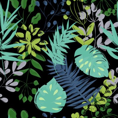 nahtlose Muster von blauen und grünen Pflanzen auf einem schwarzen Hintergrund