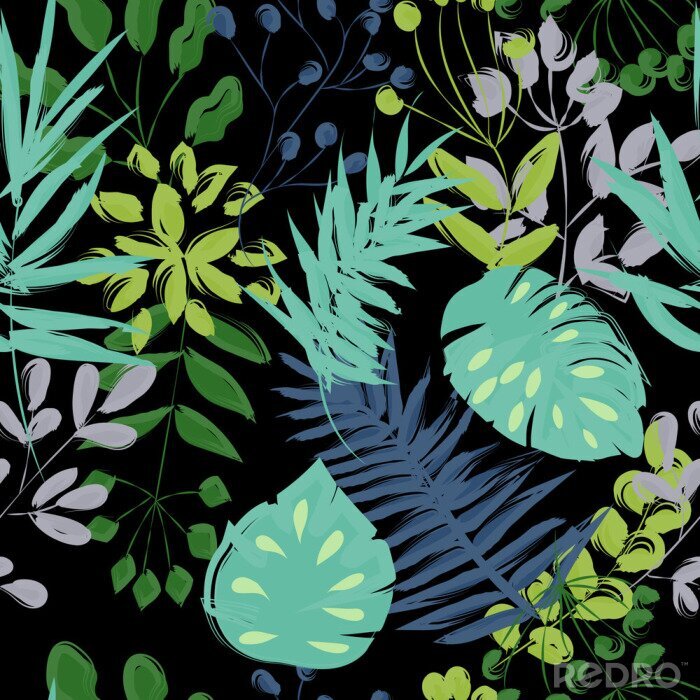 Fototapete nahtlose Muster von blauen und grünen Pflanzen auf einem schwarzen Hintergrund