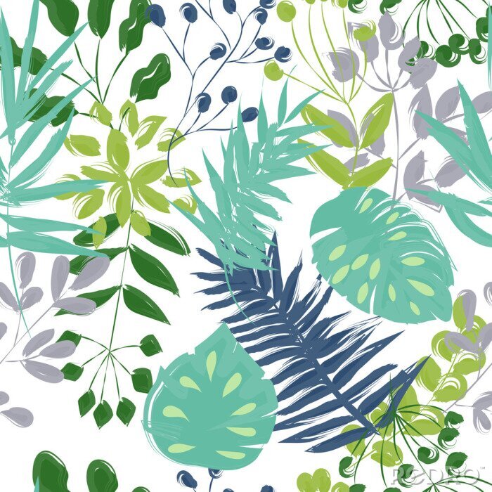Fototapete nahtlose Muster von blauen und grünen Pflanzen auf einem weißen Hintergrund