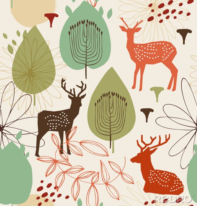 Fototapete Nahtlose Natur Muster mit Hirschen. Waldhintergrund Vektor-Textur