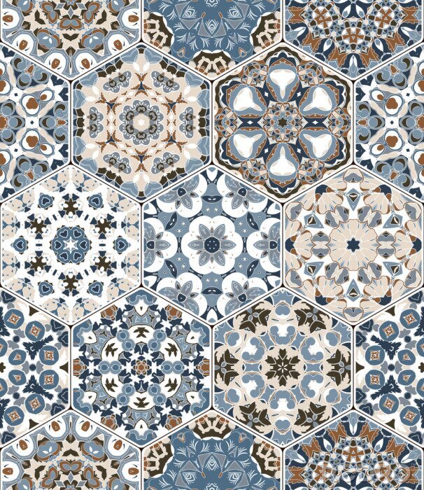 Fototapete Nahtlose sechseckige Mosaikfliesen im Vektorsatz. Orientalische und ethnische Motive in Designmustern.