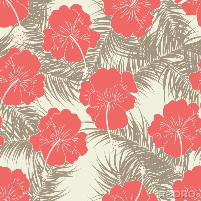 Fototapete Nahtlose tropischen Muster mit braunen Blätter nad roten Blüten auf Vanille Hintergrund