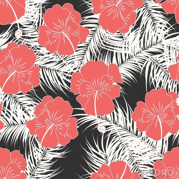 Fototapete Nahtlose tropischen Muster mit weißen Blättern nad roten Blüten auf weißem Hintergrund