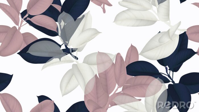 Fototapete Nahtloses Blumenmuster, blaue, rosa und weiße Ficus Elastica / Gummipflanze auf weißem Hintergrund