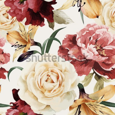 Fototapete Nahtloses Blumenmuster mit Rosen, Aquarell. Vektor-Illustration