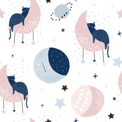 Nahtloses kindliches Muster mit Katzen auf Monden und Sternenhimmel. Kreative Kinder Textur für Stoff, Verpackung, Textil, Tapete, Bekleidung. Vektorillustration