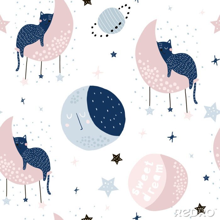 Fototapete Nahtloses kindliches Muster mit Katzen auf Monden und Sternenhimmel. Kreative Kinder Textur für Stoff, Verpackung, Textil, Tapete, Bekleidung. Vektorillustration