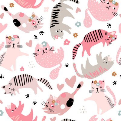 Nahtloses kindliches Muster mit niedlichen Mädchenkatzen. Kreative Kinder handgezeichnete Textur für Stoff, Verpackung, Textil, Tapete, Bekleidung. Vektorillustration