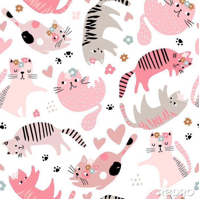 Fototapete Nahtloses kindliches Muster mit niedlichen Mädchenkatzen. Kreative Kinder handgezeichnete Textur für Stoff, Verpackung, Textil, Tapete, Bekleidung. Vektorillustration
