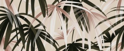 Nahtloses Muster der tropischen Pflanze, rosafarbenes Gold und grüne Palmblätter auf hellrosa Hintergrund