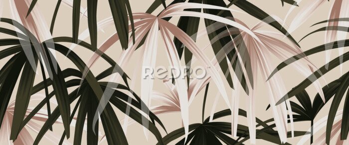 Fototapete Nahtloses Muster der tropischen Pflanze, rosafarbenes Gold und grüne Palmblätter auf hellrosa Hintergrund