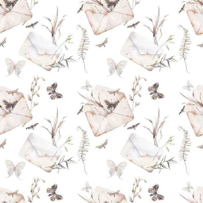 Fototapete Nahtloses Muster des Aquarellschmetterlings und der Sommerfeldkräuter. Handgemalte Beschaffenheit mit Umschlag, Motte und botanischen Elementen: Anlagen, Farn, Blätter. Natürlicher sich wiederholender