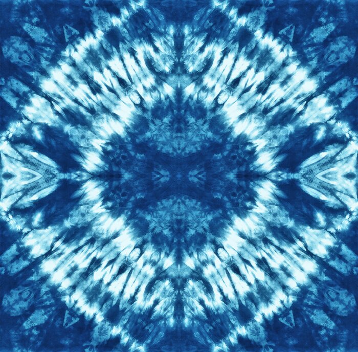 Fototapete Nahtloses Muster, gefärbtes Gewebe der abstrakten Bindung der Indigofarbe auf weißer Baumwolle. Handbemalte Stoffe. Shibori Färben