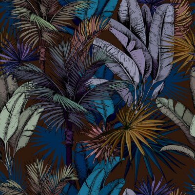 Nahtloses Muster mit bunten tropischen Blättern auf dunkelblauem Hintergrund. Hand gezeichnete Vektorillustration
