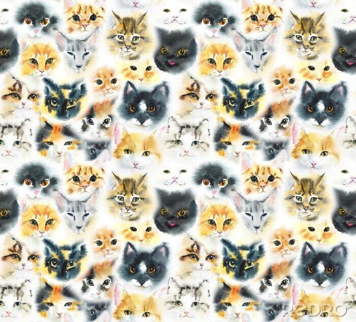 Fototapete Nahtloses Muster mit Katzen. Gezeichnete Illustration des Aquarells Hand