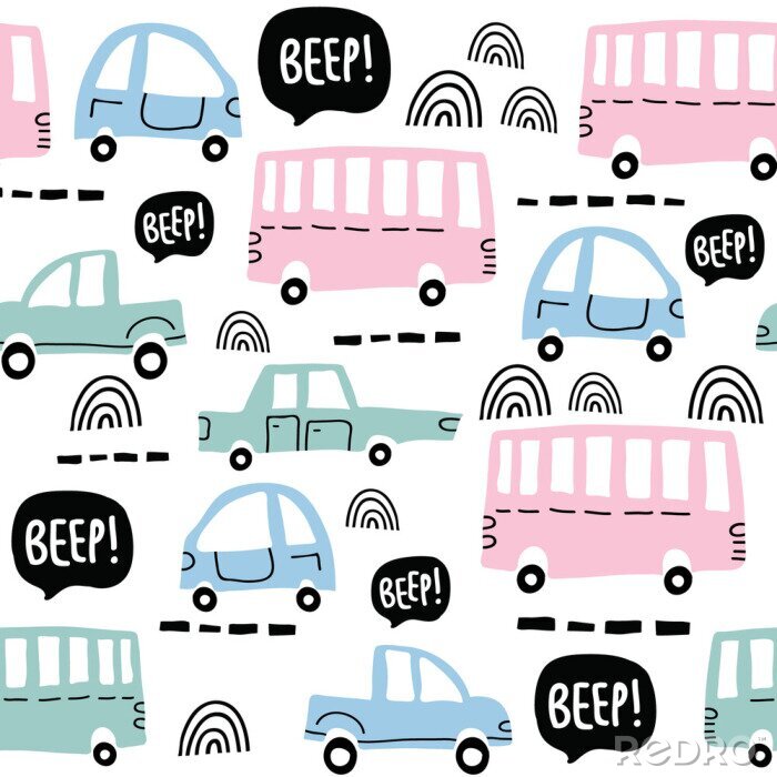 Fototapete Nahtloses Muster mit niedlichen Autos